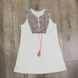 Freeway Aztecs design embroidered top beach dress boho short small w/ tassel